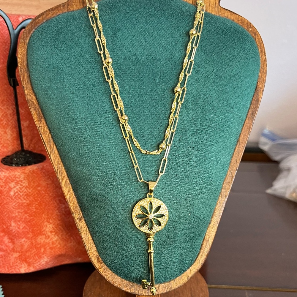 Gold Key Necklace and a Beaded Layering Necklace 18” and 20”